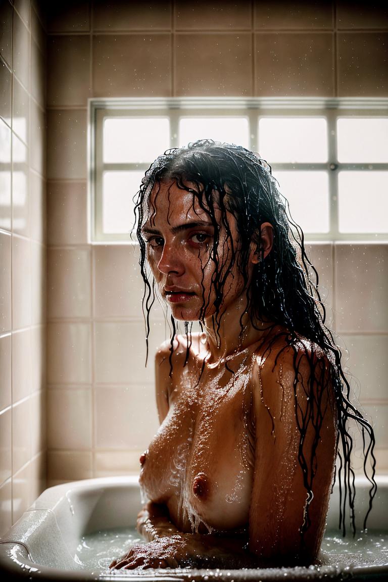 woman behind glass shower scene