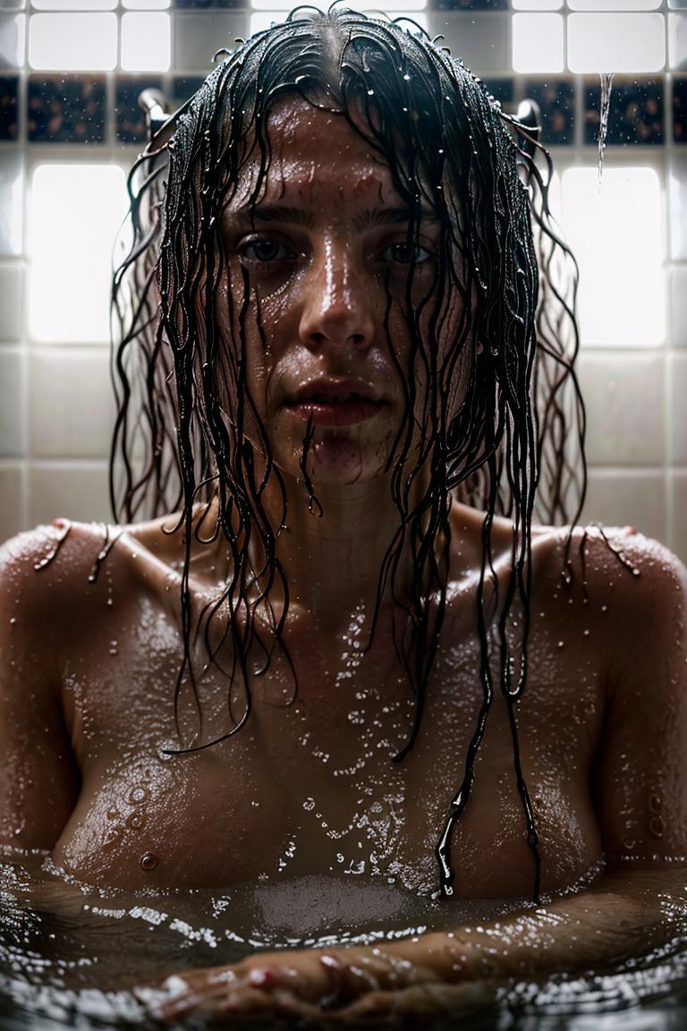 woman behind glass shower scene
