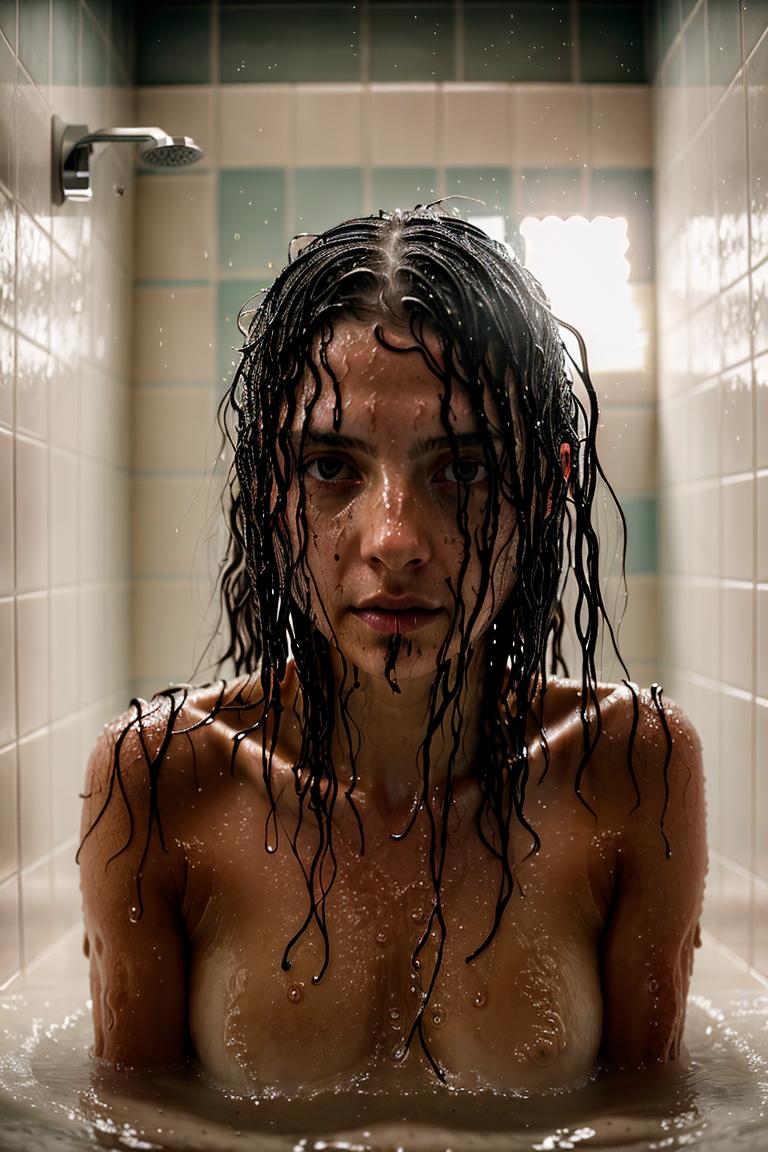 woman behind glass shower scene