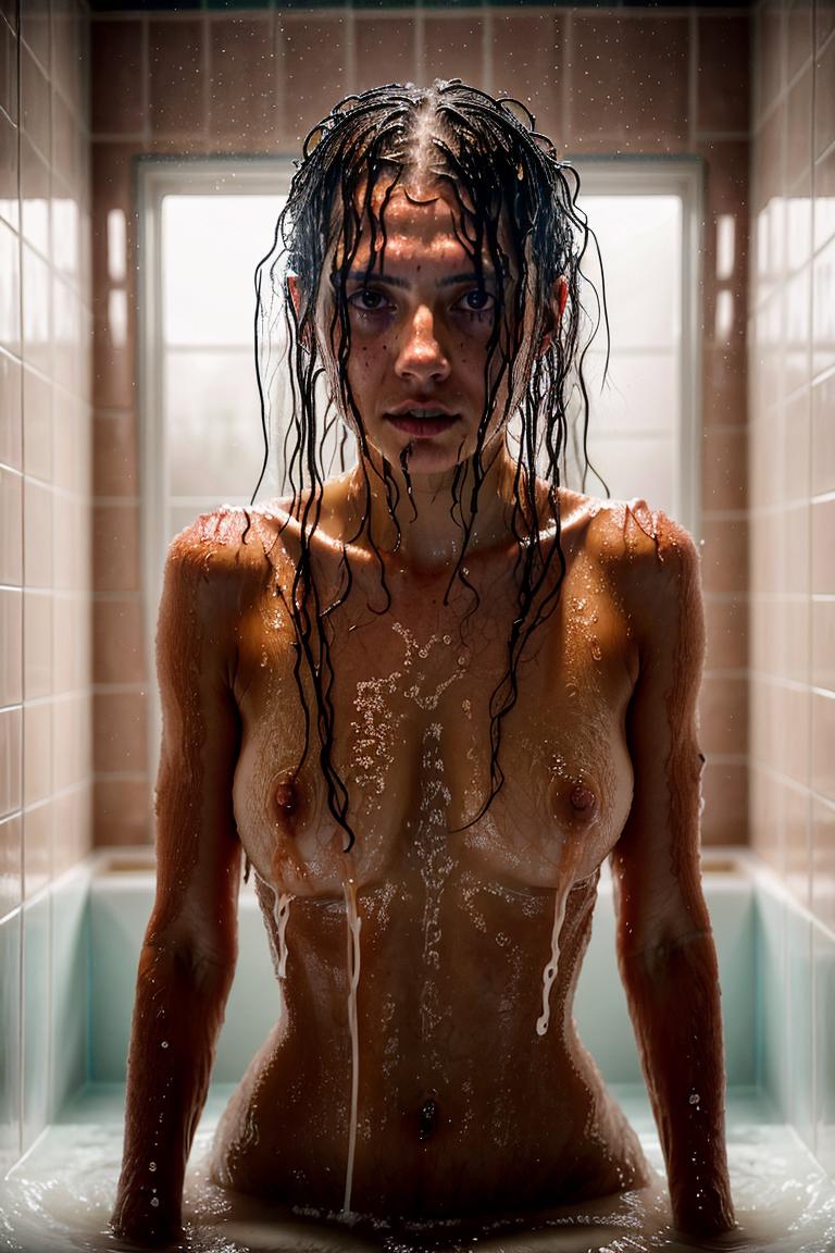 woman behind glass shower scene