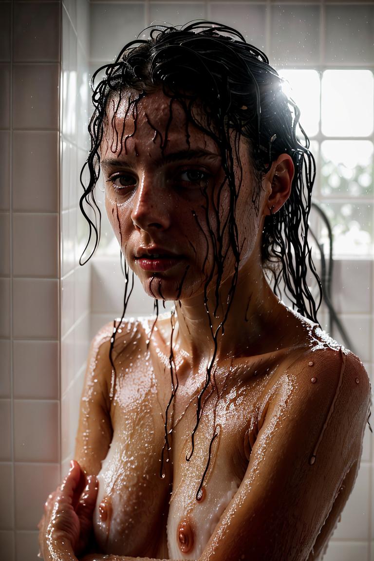woman behind glass shower scene