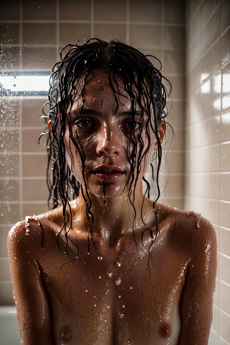 woman behind glass shower scene