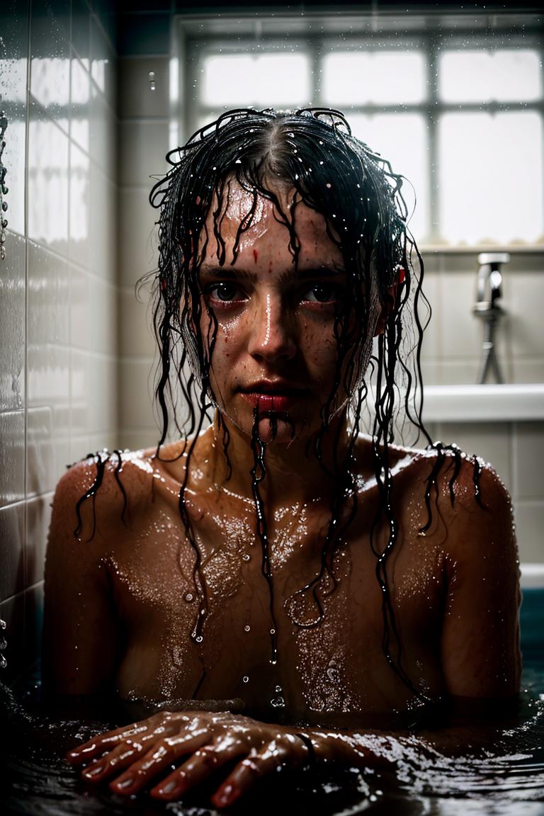 woman behind glass shower scene