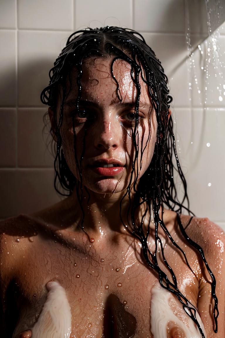 woman behind glass shower scene
